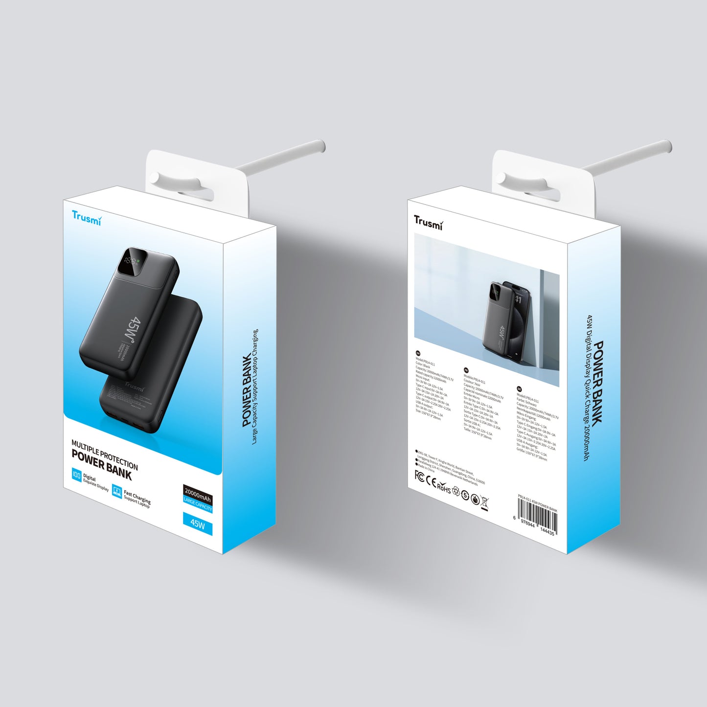 45W Digital Display Quick Charge 20000mAh Power Bank Black